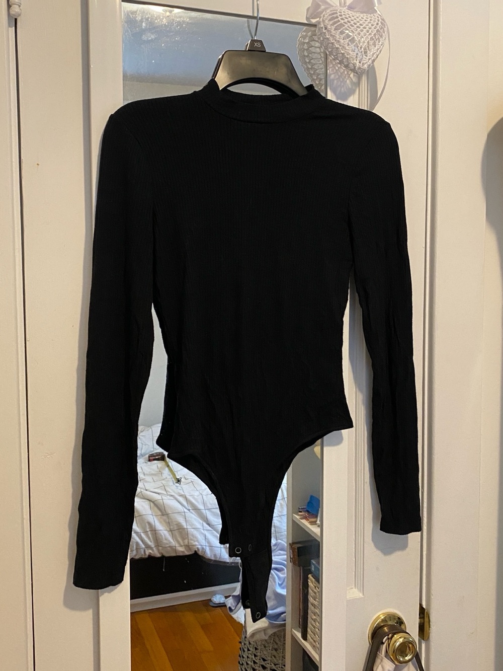 Women's Black Long Sleeve Ribbed Bodysuit